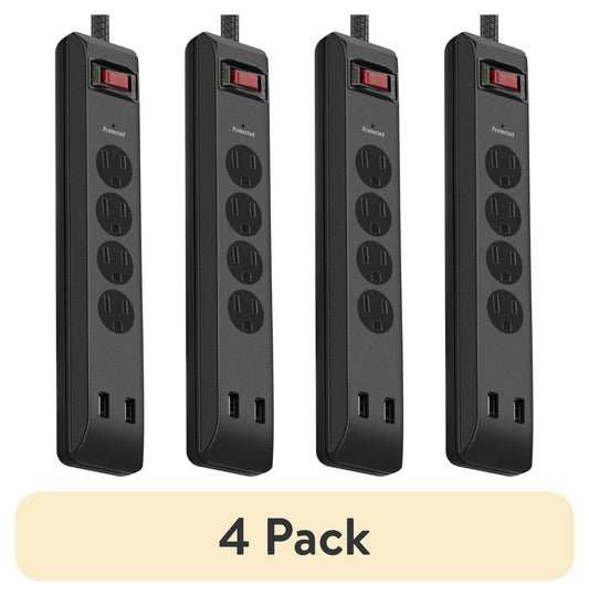 (4 pack) Hyper Tough Surge Protector Power Strip with USB, 4 Outlets, 10 ft Braided Extension Cord, Black