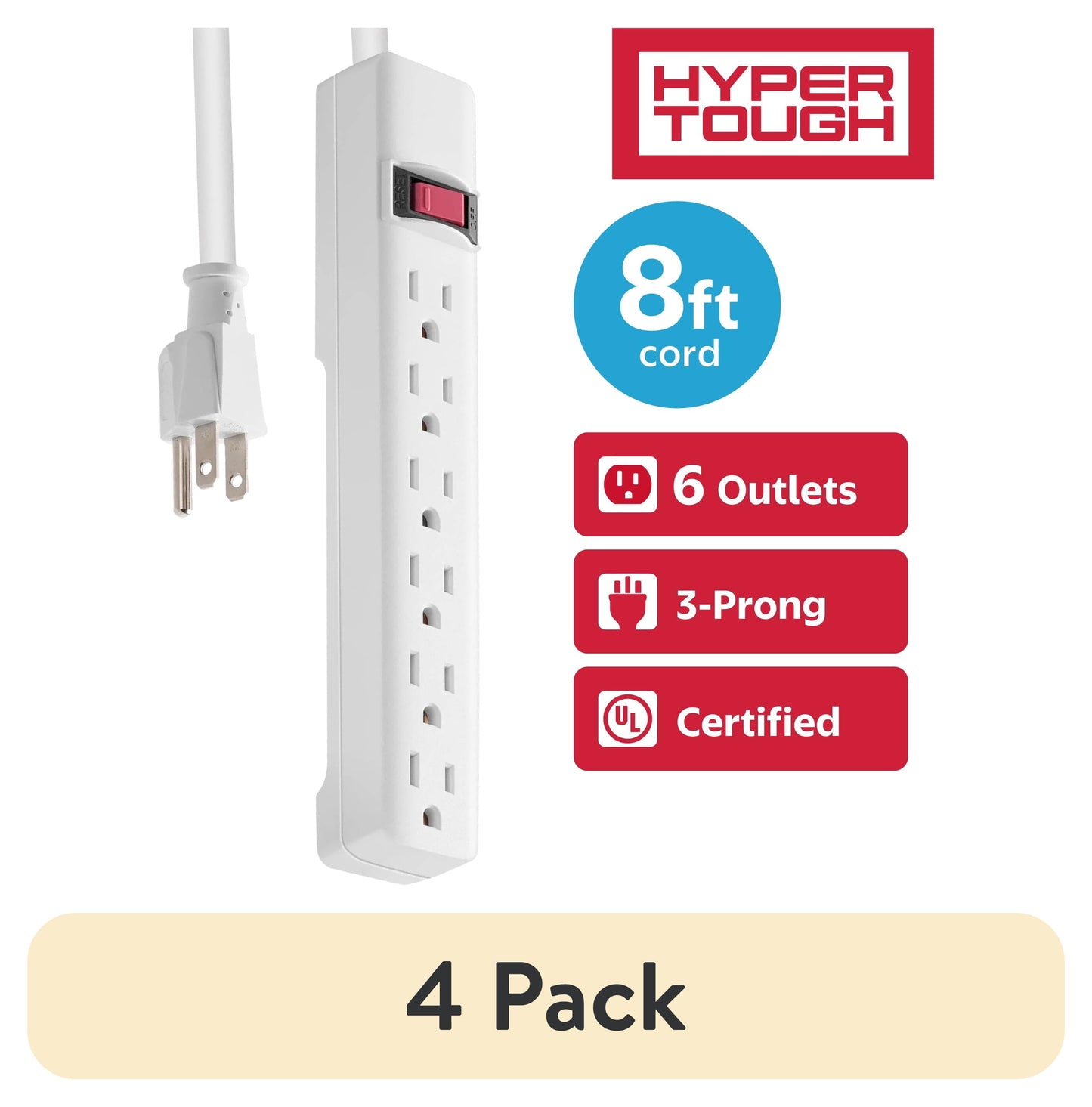 (4 pack) Hyper Tough 6-Outlet Indoor Power Strip with 8 ft Extension Cord, ETL Certified, White