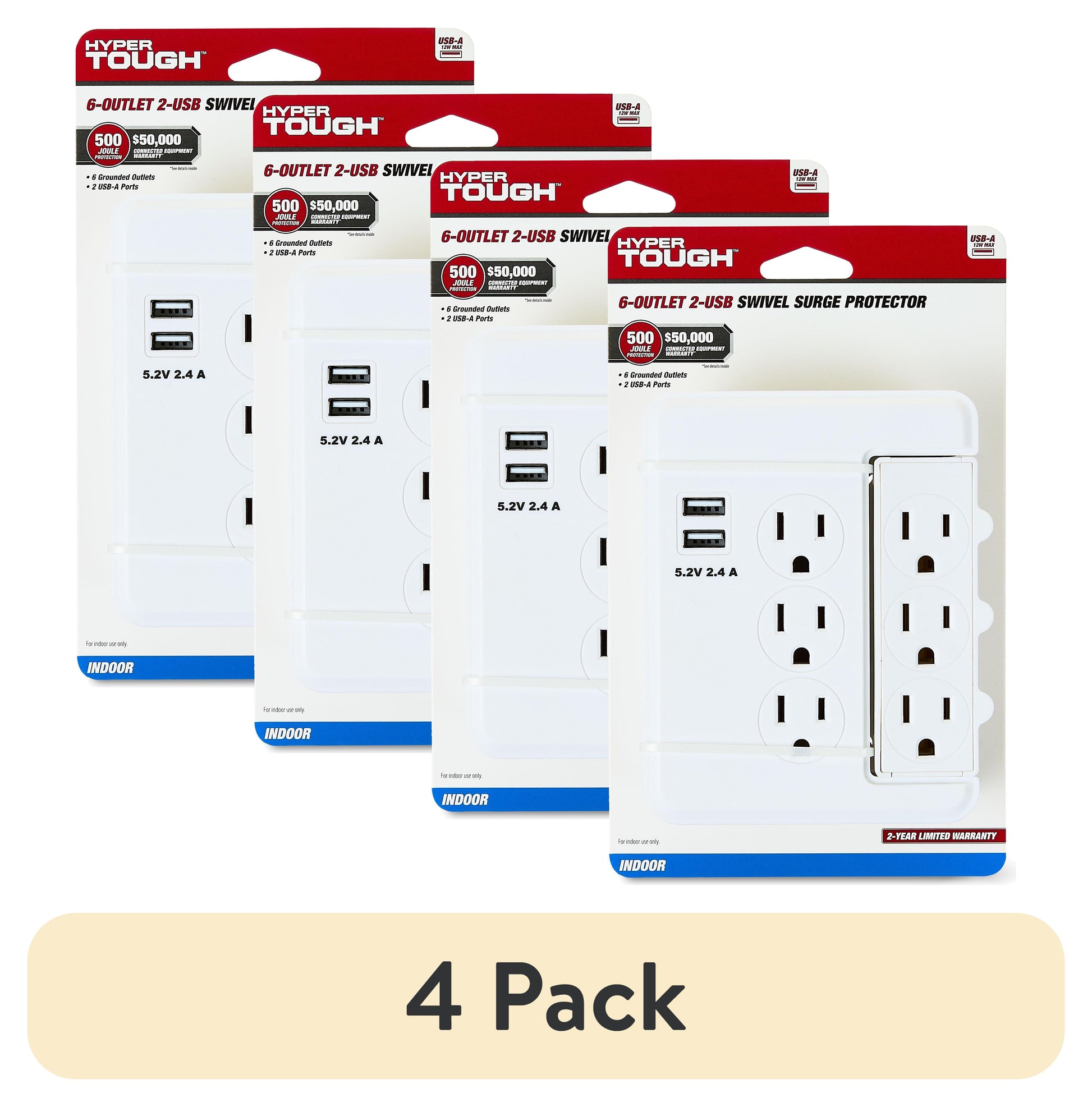 (4 pack) Hyper Tough Indoor 6-Outlet Surge Tap with 2 USB Ports, White