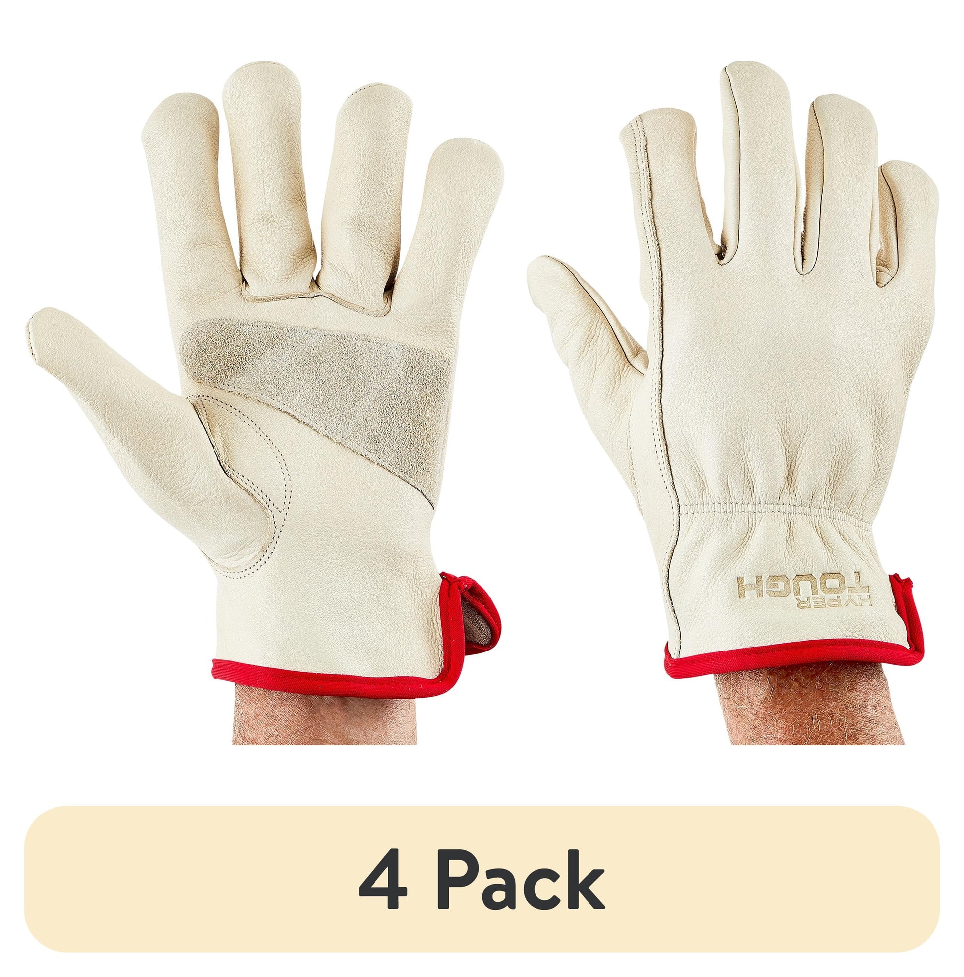 (4 pack) Hyper Tough Leather Work Gloves, 100% Cowhide Leather, Beige, Medium, HT1250M