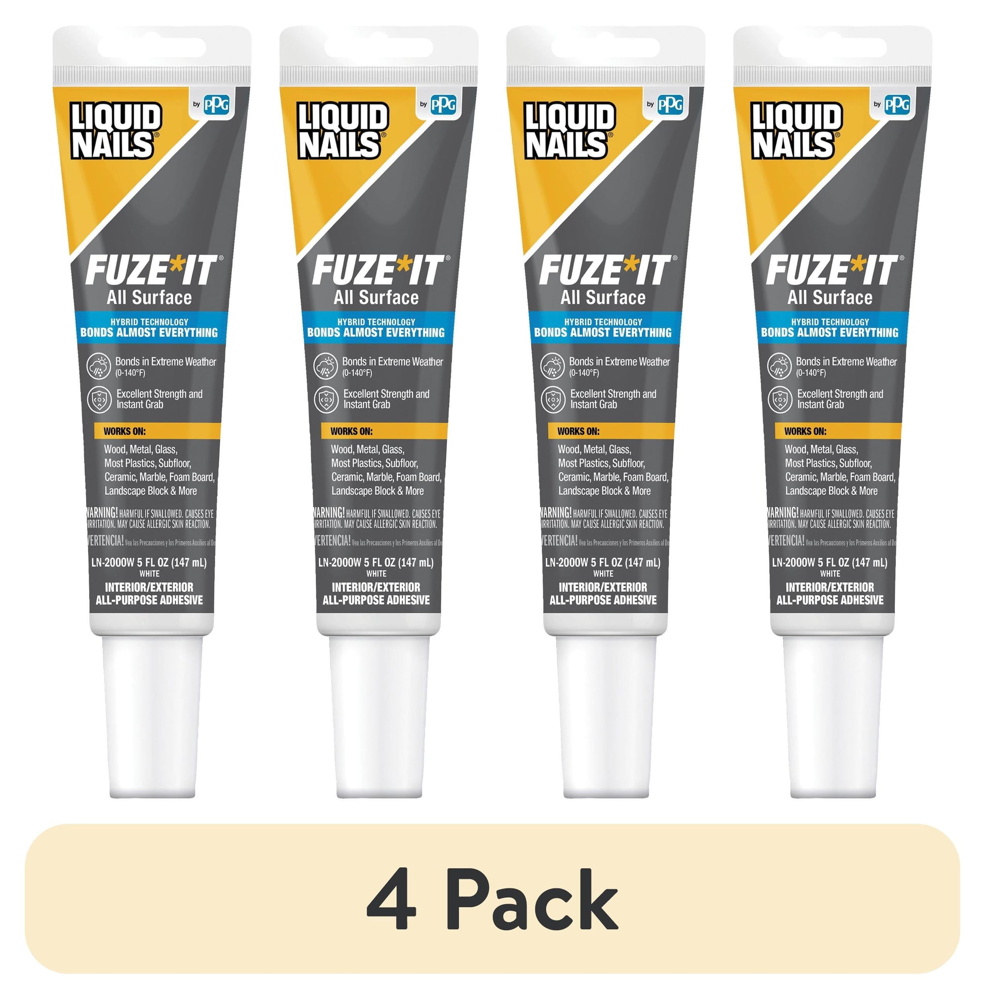 (4 pack) Liquid Nails Fuze*It All Surface Construction Adhesive (LN-2000W), 5 oz