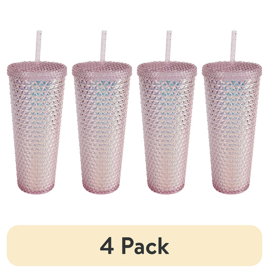 (4 pack) Mainstays 26-Ounce Capacity Plastic Double Wall Insulated Iridescent Textured Tumbler, Pink