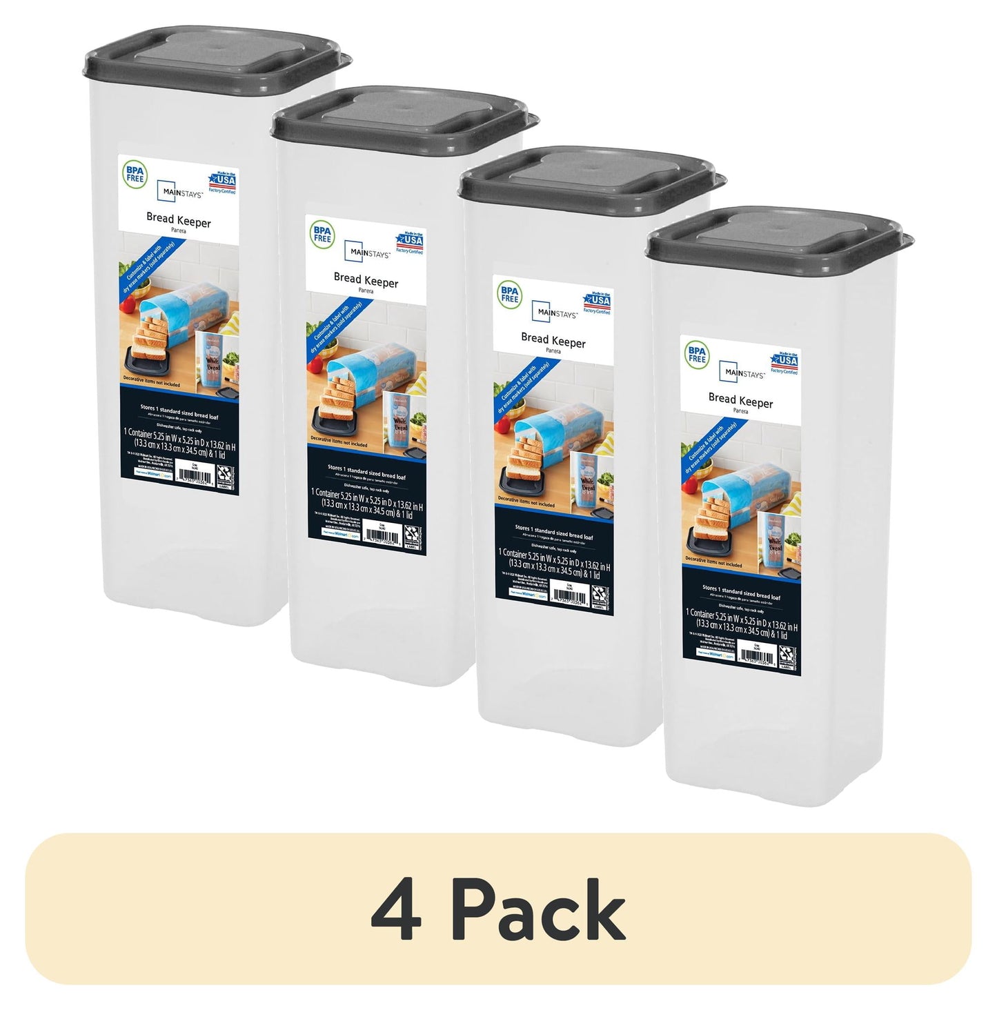 Mainstays Contenedor de PlÃ¡stico para Pan, Transparente con Tapa Gris (1 Unidad) 5.25" x 5.25" x 13.62", Ideal para OrganizaciÃ³n de Despensa y Almacenamiento de Alimentos