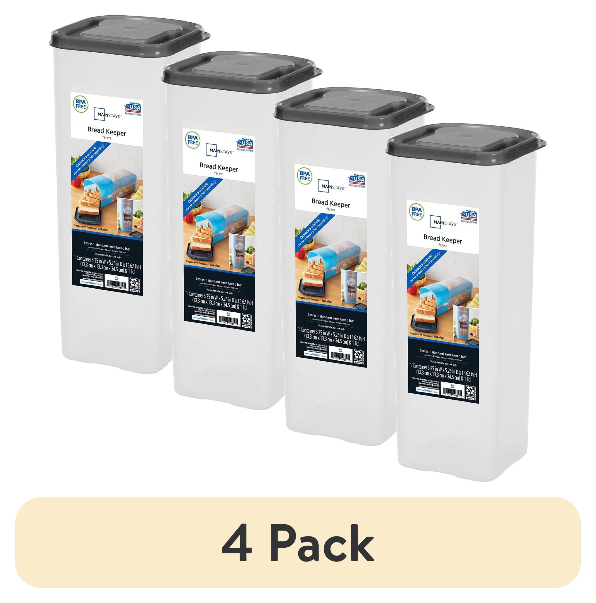 Mainstays Contenedor de PlÃ¡stico para Pan, Transparente con Tapa Gris (1 Unidad) 5.25" x 5.25" x 13.62", Ideal para OrganizaciÃ³n de Despensa y Almacenamiento de Alimentos