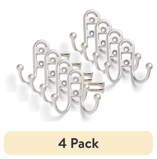 (4 pack) Mainstays, Double Hook Satin Nickel Metal Hooks, Clutter-Free Hooks for Hanging Towels and Coats, 10 lbs Capacity, 3 Pack