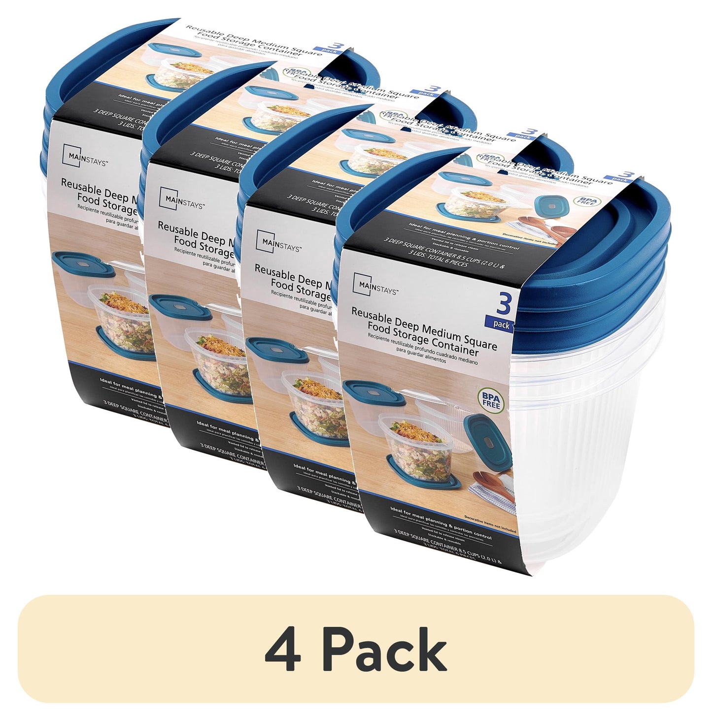 Mainstays Reusable Food Storage Container,  Deep Medium Square, Plastic , 3 Pack â€“ 3 Containers with Lids, 8.5 Cups, Ideal for Meal Prep