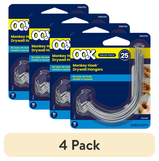 (4 pack) Ook Monkey Hook Picture Hangers, Spring Steel Picture Hanging Hooks for Drywall, 25 lbs, Zinc, Silver, 10 pack