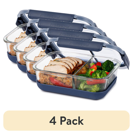 (4 pack) ProKeeper+ Borosilicate Glass Lunch and Salad Storage Container with Silicone Base and Snap-Lock Lid