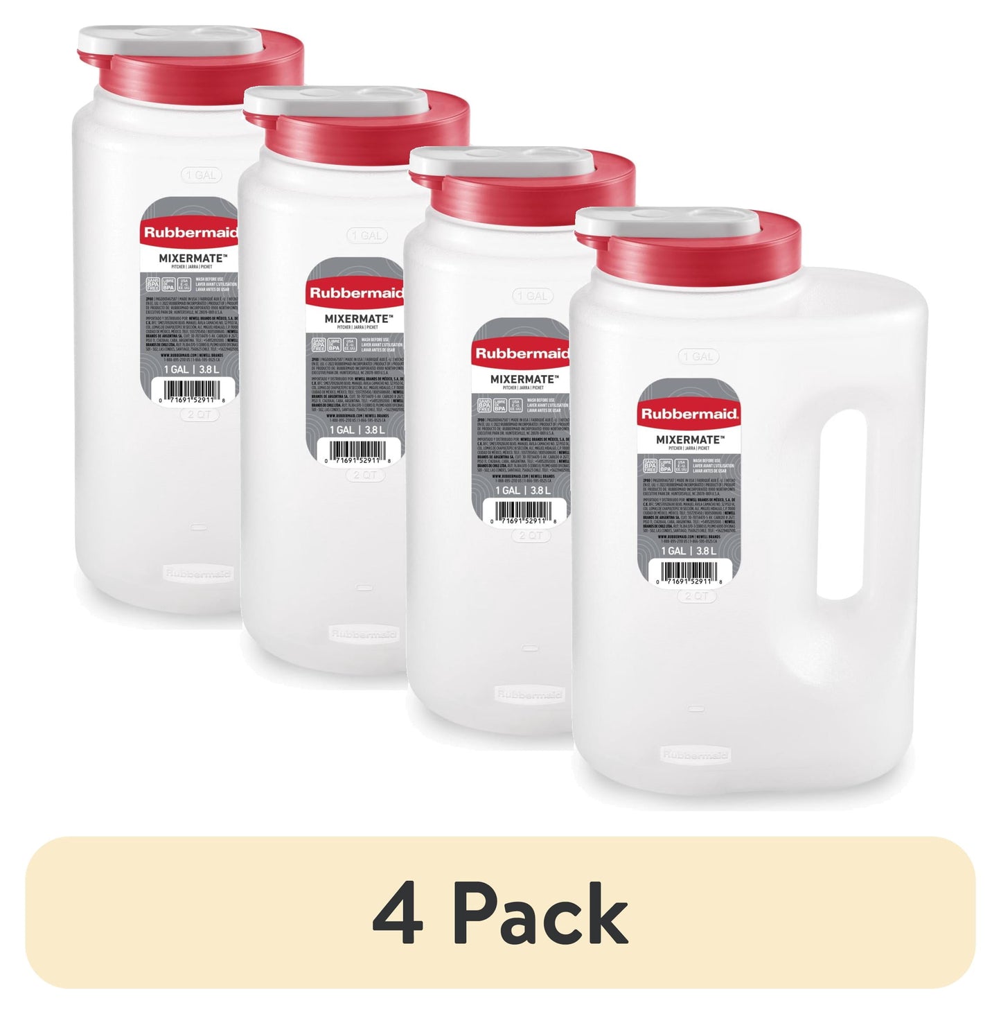(Paquete de 4) Rubbermaid, Jarra, Jarra Resistente a Fugas Mixermate, Transparente, 3.8 Litros (1 GalÃ³n), PlÃ¡stico, PlÃ¡stico, 3.8 L, 1 gal, Ãštil para Almacenamiento de Bebidas Diarias