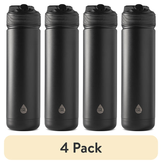 (4 pack) TAL 26oz Stainless Steel Ranger Water Bottle with Easy Sip Straw, Black