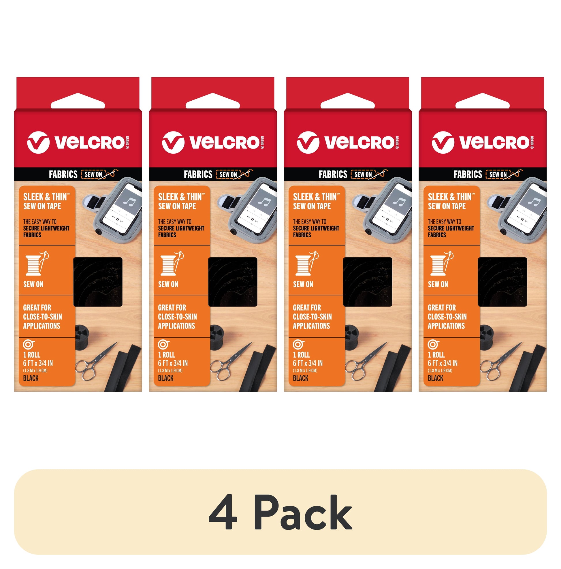 VELCRO Marca Sleek and Thin para Telas Cinta de 6 Pies x 3/4 Pulgadas, Negro Suave en la Piel Ultra Ligero con TecnologÃ­a de Carril de Costura VEL-30185-USA