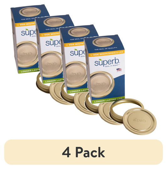 (4 pack) Superb 12-Pack Canning Jar Lids and Rings - Wide Mouth, Two-Piece Mason Jar Lids with Bands for Canning and Preserving, Fits All Brands Wide Mouth Mason Jars
