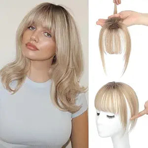 Ms Taj 360° Cover Clip in Bangs Real Human Hair, Natural Look Clip in Hair Extensions for Women, Fake Bangs for Daily Use(Ombre Brown Blonde)