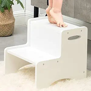WOOD CITY Toddler Step Stool, Wooden 2 Step Stools for Bathroom Sink Potty Training Kitchen Dual Height Stool Helper for Kids Bonus Non-Slip Pads and Handles for Safety (White)