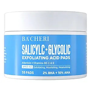 10% Glycolic Acid + 2% Salicylic Acid Peel Pads - BACHERI Resurfacing Pads For Face with Vitamins B5, C & E, Allantoin - Exfoliating Facial Peel for Dark Spots, Blackhead, Acne, 55 Pcs