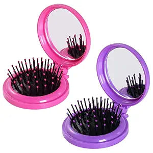 Heliltd 2pcs Folding Travel Mirror Pocket Hair Brushes, Round, Rose Purple
