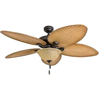 Honeywell Ceiling Fans Palm Valley, 52 Inch Tropical Indoor Outdoor Ceiling Fan with Light, Pull Chain, Three Mounting Options, 5 Palm Leaf Blades, Reversible Motor - 50507-01 (Bronze)