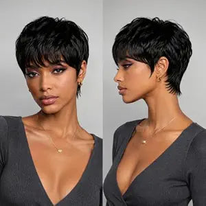 Pixie Cut Wig Human Hair Pixie Cut Wigs with Bangs Layered Style Glueless Pixie Wig Short Layered Human Hair Wigs for Black Women Full Machine Made for daily use 1B