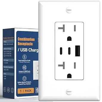 Amico 6.0A USB Outlet 1 Pack, 3-Port, 2 Type C & 1 Type A, 20 Amp, White