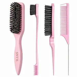 Pink Boar Bristle Slick Back Hair Brush, 4-Piece Hair Styling Tool Set