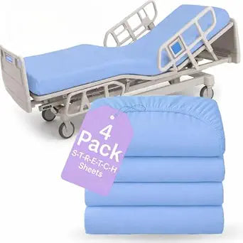 BLISSFORD - 4 Pack Fitted Hospital Bed Sheets with Elastic All Around for a Perfect Fit - Cotton Rich Soft Knitted Jersey Sheet, 36 x 84 x 12 - Blue