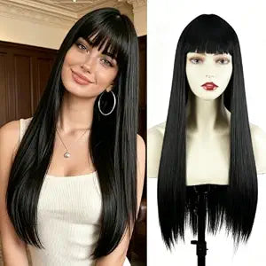 Black Long Straight Wig with Bangs for Women(26Inch)