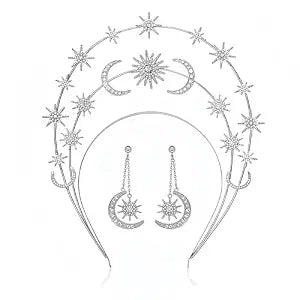 Celestial Moon Star Goddess Crown and Rhinestone Earrings Set
