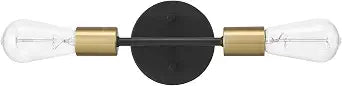 Globe Electric 52085 10" 2-Light Reversible Vanity Wall Light, Matte Black, Brass Accent Socket, Dimmable Lighting, E26 Open Socket, Beauty Room Accessories, Home Decor, Modern Lights for Bathroom