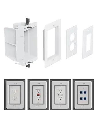 DVFR1W-1 Recessed Electrical/Outlet Box Wall Plate Kit, Single Gang, Recessed Receptacle Outlet Box for TV, Tablet and Household Appliance, Suitable for GFCI Outlet and Standard Outlet, White (1 Pack)