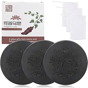Black & Thick Hair Fallopia Multiflora Shampoo Bar,Polygonum Soap with Foaming Net,He Shou Wu Extract Shampoo,Deeply Cleanses Hair Scalp,Organic Moisturizes Repairs Hair Damage (3pcs)