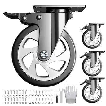 5 Inch Caster Wheels with Safety Dual Locking 2400Lbs, Heavy Duty Swivel Casters Set of 4, Polyurethane No Noise Wheels for Cart, Workbench, Furniture(Bonus of 2 Hardware Kits)
