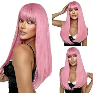SUKRI Pink Wig with Bangs Long Straight Wigs for Women 22 Inch