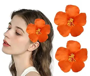 Women's Hawaiian Flower Hair Clips Plumeria Hibiscus Hair Clips 4 Inch Artificial Flower Hair Barrettes Hair Accessories for Vacation Beach Party (Orange)