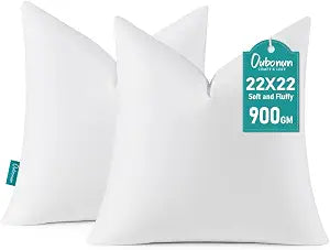 Oubonun 22 x 22 Down Feather Throw Pillow Inserts - Fluffy and Plush Odor-Free Fill - 100% Breathable Cotton Fabric for Couch Sofa Bed, White, Pack of 2
