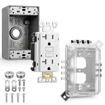 20A Outdoor GFCI Outlet Box Kit, 2-5/8 Deeper Die-Cast Aluminum Junction Box, 20 Amp TR WR Self-Test GFI Receptacle, Extra Duty Non-Metallic Lockable Cover, UL/ETL Listed for Entire Product