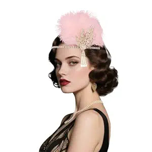 CURASA 1920s Flapper Headpiece Gatsby Feather Headband Costume Pink Gold Rhinestone Roaring 20s Jewelry Headdress Leaf Vintage Head Chain Crystal Hair Accessories Wedding Prom Party For Women