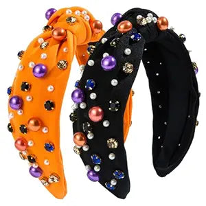 IDDFEVE 2Pcs Black&Orange Headbands for Women, Halloween Solid Color Rhinestones Holiday Knot Hair Hoops, Pearl Hair Accessory Festive Gift
