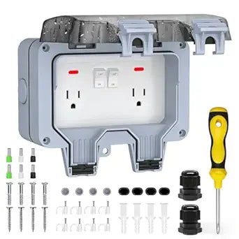 Double Outdoor Outlet with Box Waterproof IP66 Outdoor Electrical Receptacle, Outdoor Power Outlet with Cover,Switch Indicator, Exterior Wall Electrical Box for Garden,Yards,Swimming Pool(Gray)