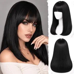 Black Wig with Bangs Short Straight Bob Wigs for Women Synthetic 16 Inch
