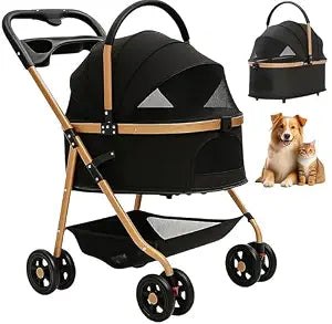 Pet Stroller for Small Dogs & Cats, Foldable for Small/Medium Dog Cat to 50 lbs, Removable Carrier, Storage Basket, Cup Holder, 3-in-1 Multifunctional Detachable (Black)