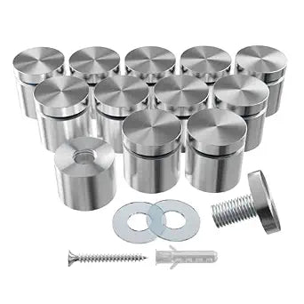 12-Pack Stainless Steel Standoff Screws with Wall Anchors & Rubber Pads  Sign Mounting Hardware for Acrylic Signs, Photo Frames, Advertising Boards, Silver (1" x 1" / 25mm x 25mm)