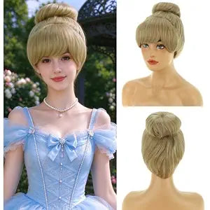 RightOn Blonde Wig for Cosplay Ash Blonde Wigs with Pre-Style Buns Curly Wig for Halloween Costume Party Hairnet Include