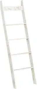 HOOBRO Blanket Ladder for Living Room and Bedroom, 5-Tier Wall Leaning Towel Rack for Bathroom, Decorative Ladder Shelf with 4 Removable Hooks, Farmhouse Blanket Storage, White WW51CJ01G1