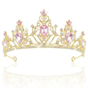 AHONEY Pink Tiara and Crown for Women, Crystal Crown Rhinestone Princess Tiaras for Wedding Birthday Prom Halloween Party (Gold Pink)