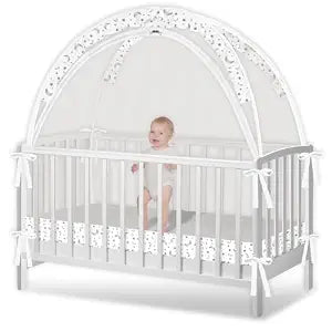 Crib Tent - Crib Net to Keep Baby in, Stop Baby from Climbing Out of Crib, Pop Up Crib Tent with Durable Breathable Net Double Zipper Strong Rods Installation Convenience (Gray Stars & Moons, Large)