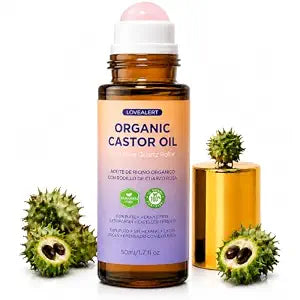 Organic Castor Oil Roll On with Rose Quartz Roller, 100% Pure Cold Pressed Castor Oil, Hexane Free Hair Growth Oil for Eyelashes, Eyebrows, Hair & Scalp, Moisturizer for Face, Eyes & Body Skin, 1.7 Oz