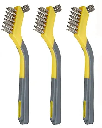 Amazon Basics Stainless Steel Mini Wire Brushes for Paint Removal, Rust Removal, Crevice Cleaning, Soft Grip Ergonomic Handle, 3-Pack, Grey/Yellow