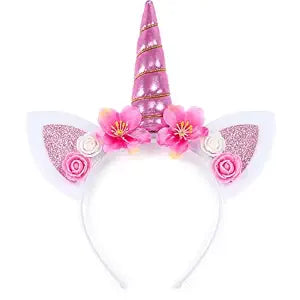 Pink Unicorn Headband with Shiny Metallic Horn, Pink White Flowers & Glitter Ears - Cute Unicorn Costume Headpiece for Women Birthday Party Cosplay Halloween Dress Up Accessories