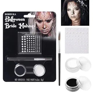 BOBISUKA Black & White Face Paint Kit, Halloween Makeup Kit Includes Paint, Brush, Costume Accessories Crystal Sheet for Skeleton SFX Makeup
