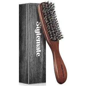 STYLEMATE 100% Mens Boar Bristle Hair Brush, Natural Stiff Bristles and Black Walnut Wood for Thick & Fine Hair, Beard Brush with Handle for Men